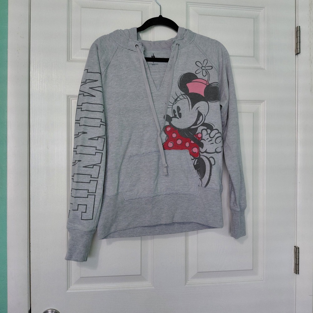 Disney Parks Minnie Mouse Gray V-Neck Hoodie Sweatshirt Womens Large 28 Graphic